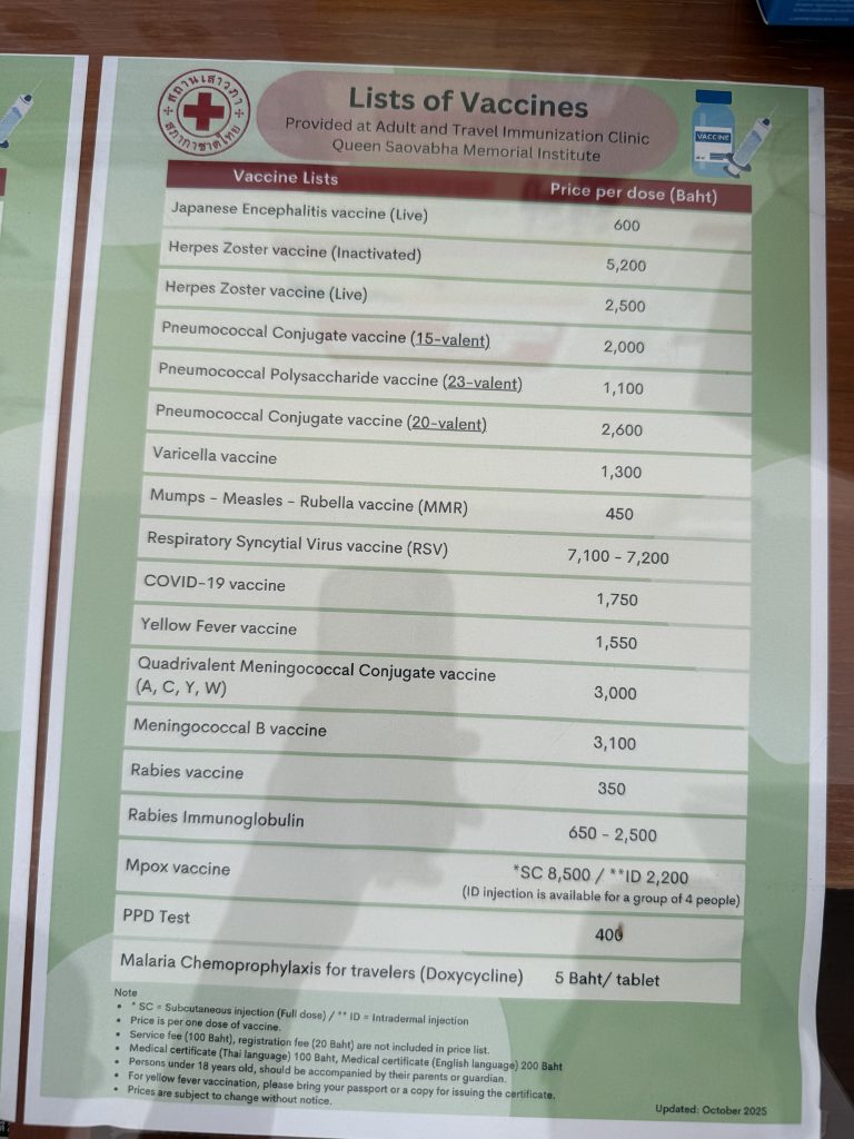 スネークファームのワクチン接種料金表１